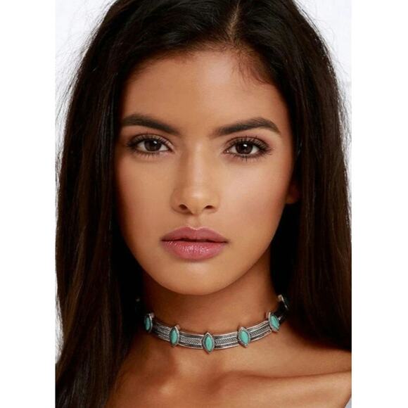 Boho Turquoise Marquise Silver Choker Necklace - Picture 8 of 8